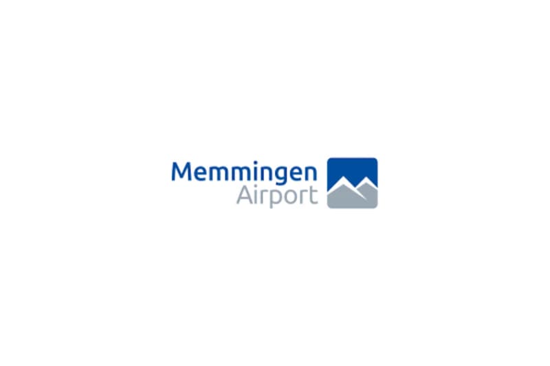 Wortmarke Memmingen Airport mit Berg-Symbol in Blau und Grau.