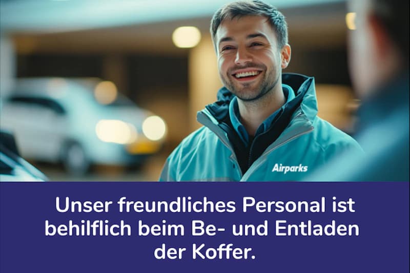 Lächelnder Airparks-Mitarbeiter in türkisfarbener Jacke in Parkhaus, darunter Text zur Hilfe beim Be- und Entladen der Koffer.