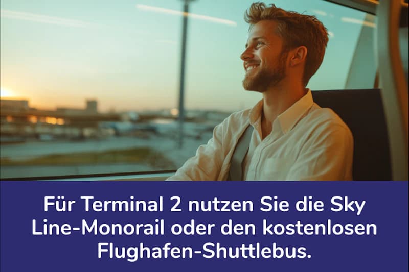 Mann im Flughafen-Shuttle blickt aus dem Fenster; Schriftzug zu Sky Line-Monorail und Flughafen-Shuttle sichtbar.