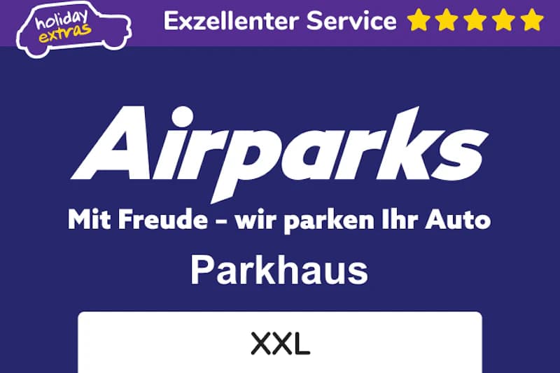 Blaues Werbebanner mit Airparks-Logo, Slogan Mit Freude - wir parken Ihr Auto, Parkhaus XXL.
