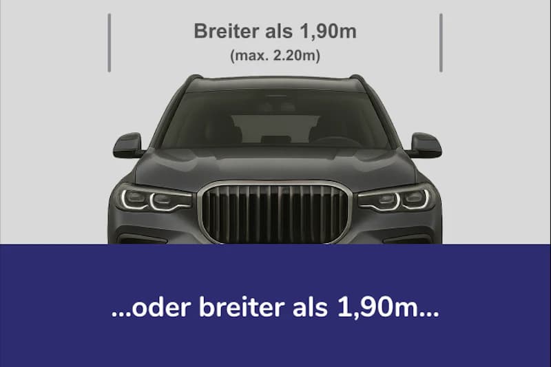 Frontansicht eines grauen SUVs vor Text Breiter als 1,90m (max. 2,20m).