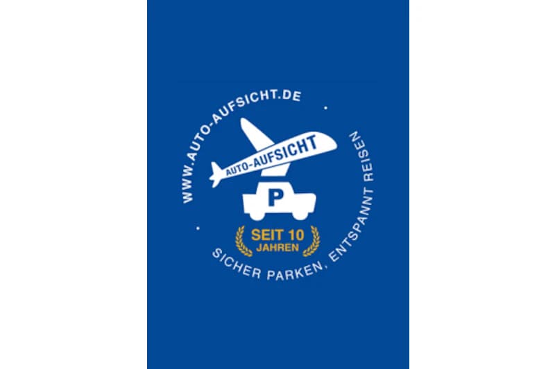 Wortmarke AUTO-AUFSICHT mit www.auto-aufsicht.de, P-Symbol und Text SEIT 10 JAHREN sowie SICHER PARKEN. ENTSPANNT REISEN.