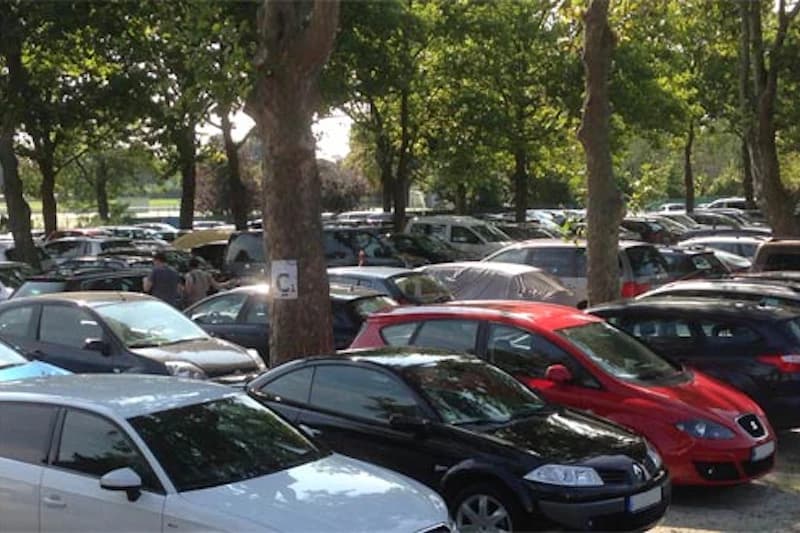 Außenparkplatz mit dicht geparkten Autos zwischen Bäumen und Sonnenschein.