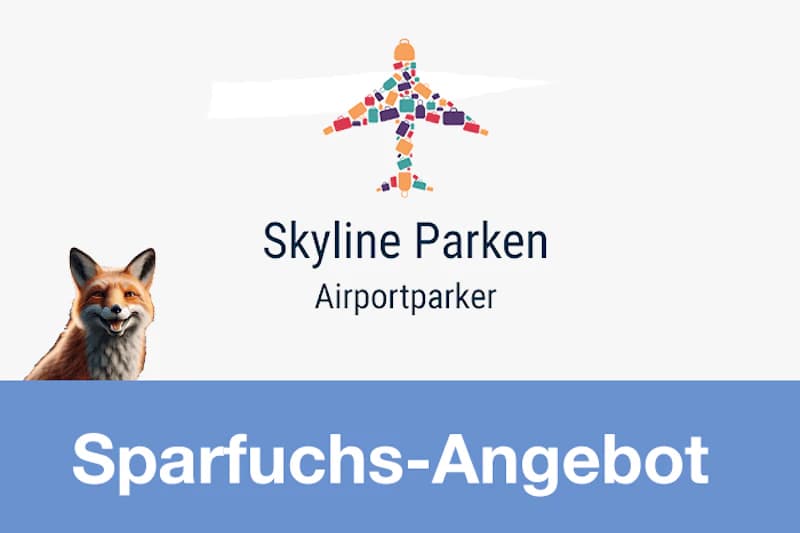 Logo mit stilisiertem Flugzeug aus Koffern, Schriftzug Skyline Parken Airportparker, Fuchsfigur und blauer Balken mit Sparfuchs-Angebot.