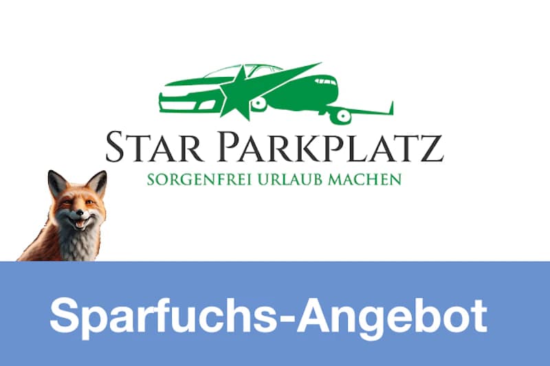 Grünes Logo mit Auto und Flugzeug, Schrift Star Parkplatz, Fuchs links und blauer Banner mit Sparfuchs-Angebot.