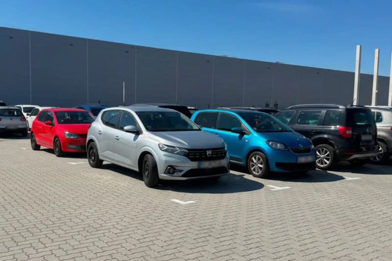 Mehrere geparkte Autos auf gepflastertem Parkplatz vor großer Hallenwand bei sonnigem Himmel.