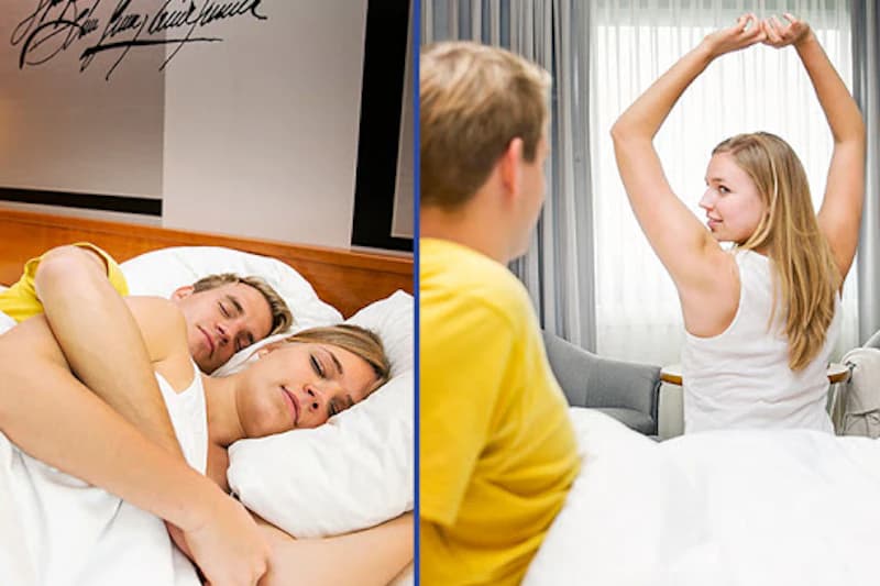 Zweiteiliges Bild: links Paar schläft eng umschlungen im Bett, rechts Frau sitzt im Bett und streckt sich.