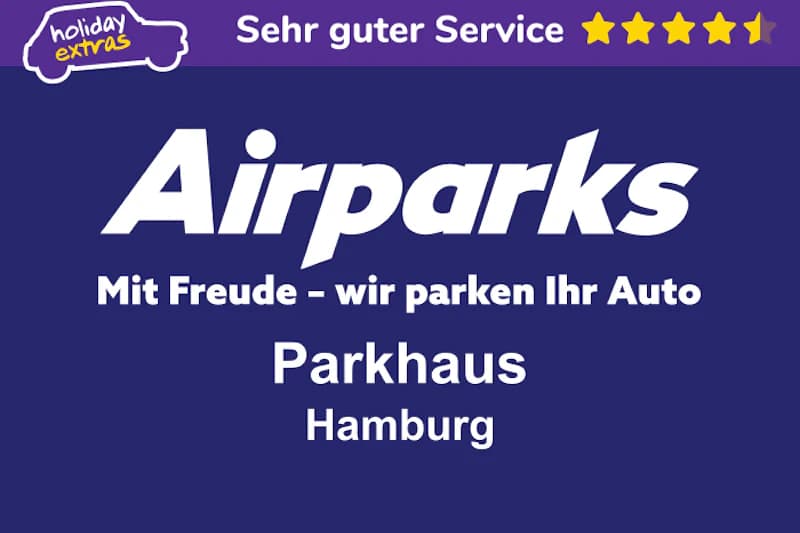 Airparks Logo auf blauem Feld mit Slogan Mit Freude - wir parken Ihr Auto und Parkhaus Hamburg; oben violette Leiste mit Sternen.