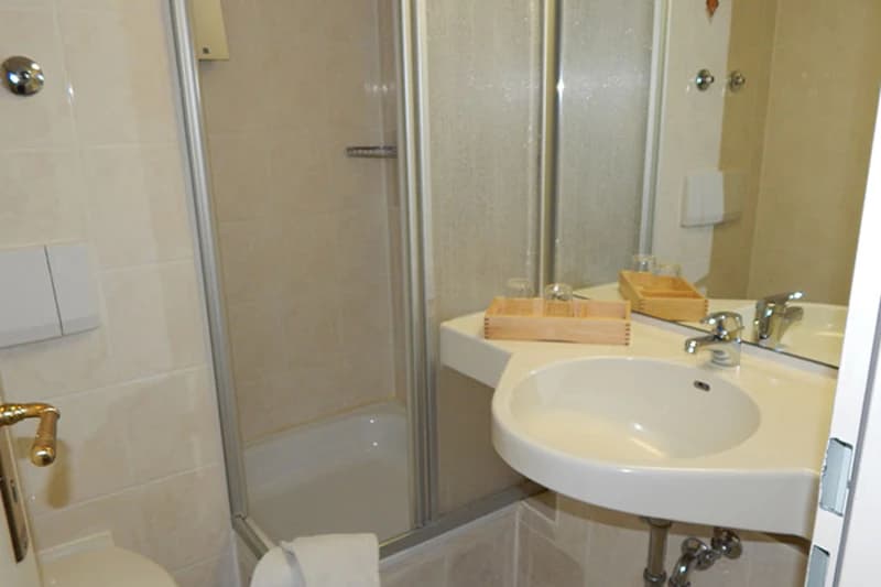 Kleines Badezimmer mit Duschkabine, rundem Waschbecken, Spiegel, WC und Handtuch.