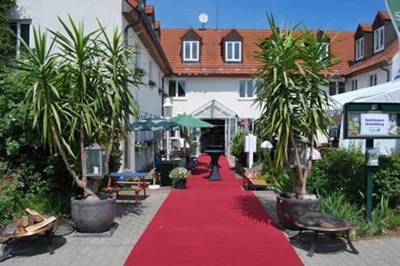 Roter Teppich zum Hoteleingang, flankiert von großen Topfpalmen, Sitzbänken und Sonnenschirmen vor einem weißen Gebäude.