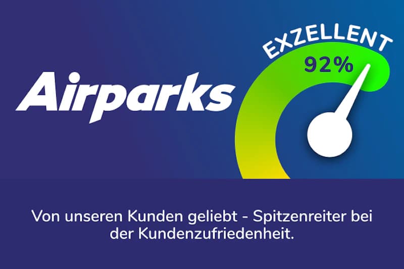 Airparks Logo links, rechts Messanzeiger mit Nadel und Schrift Exzellent 92%, Slogan unten.
