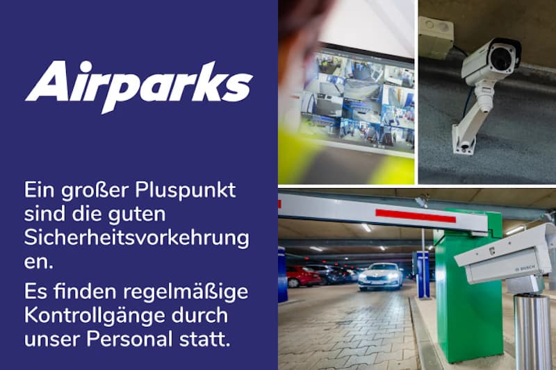 Collage mit Airparks-Logo, Sicherheitstext, Monitor mit Überwachungskameras, einzelne Kamera und Schranke im Parkhaus.