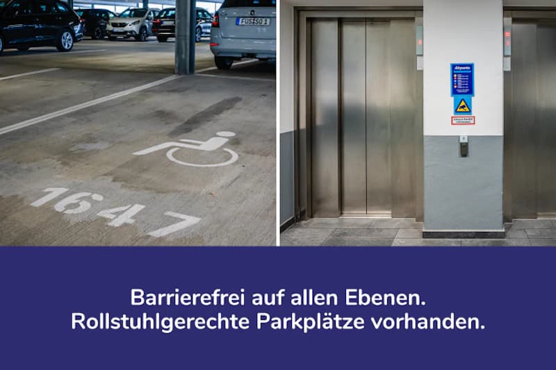 Markierter Behindertenparkplatz mit Symbol und Nummer 1647 links; rechts Aufzugtüren mit blauem Hinweis und lila Leiste unten.