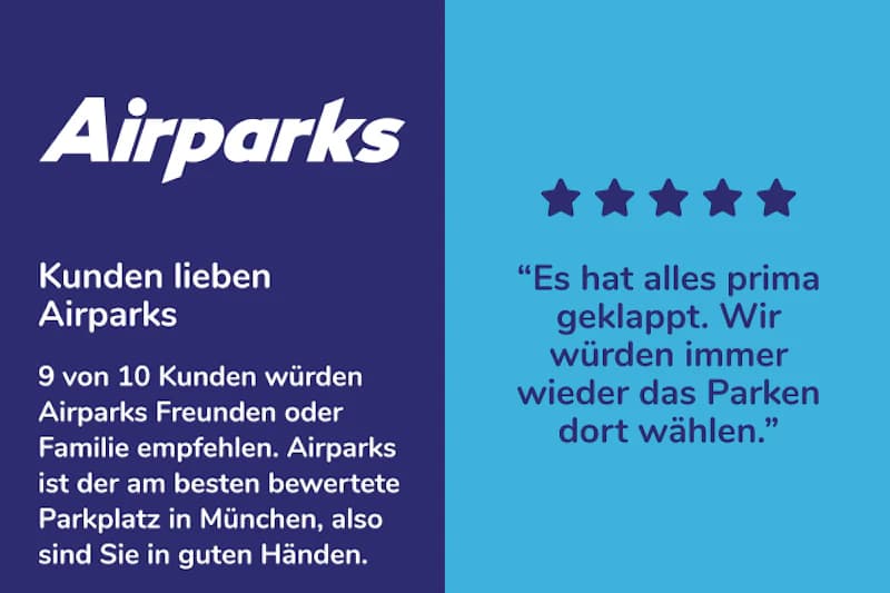 Airparks-Logo links, Kundenlobtext darunter; rechts fünf Sterne neben kurzem Kundenstatement.