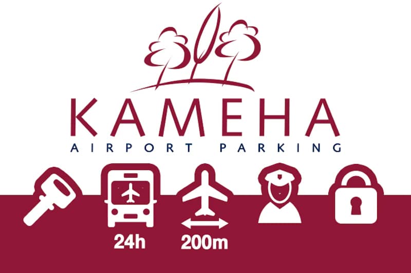 KAMEHA Logo mit Baumzeichnung und Reihe von Symbolen: Schlüssel, Shuttlebus 24h, Flugzeug 200m, Wachmann, Vorhängeschloss.