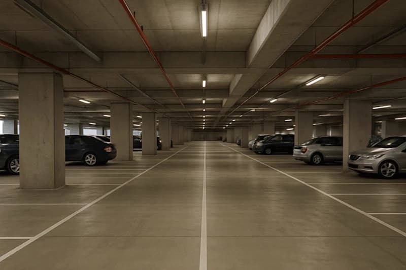 Weitläufige unterirdische Parkebene mit Betonsäulen, Deckenleuchten und geparkten Autos links und rechts.