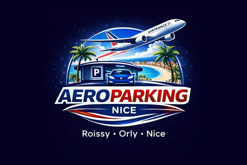Logo mit Flugzeug (AIRFRANCE), Auto, Parkhaus, Palmen und Schriftzug AEROPARKING NICE vor Küstenmotiv.
