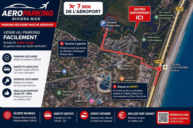 Luftbildkarte mit markiertem roten Anfahrtsweg zum Aeropark Riviera Nice und Piktogrammen, Logos und Informationsfeldern.