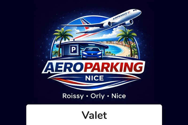 Buntes Logo Aeroparking Nice mit Flugzeug, Auto, Parkzeichen, Palmen und Küstenmotiv, Text Roissy · Orly · Nice.
