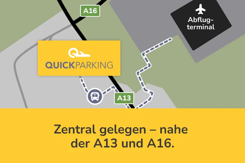 Schematische Karte mit der Lage des Parkplatzes zwischen den Autobahnen A13 und A16 und dem Abflugterminal.