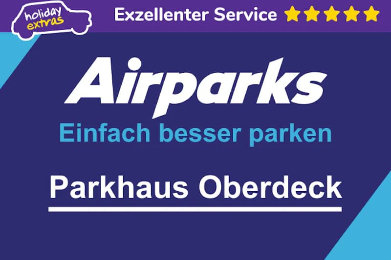 Airparks-Logo mit Slogan Einfach besser parken und Schriftzug Parkhaus Oberdeck auf blauem Hintergrund.