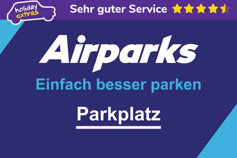 Dunkelblauer Hintergrund mit weißem Airparks-Logo, dem Slogan Einfach besser parken und dem Wort Parkplatz.