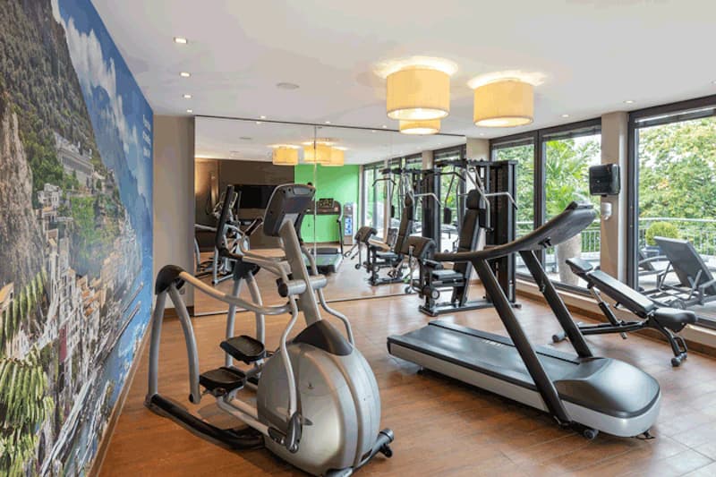 Fitnessraum mit Laufband, Ellipsentrainer, Kraftgeräten, Spiegelwand und großen Fenstern.