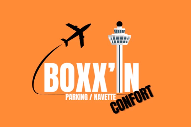 Wortmarke BOXX'IN CONFORT, Hinweis auf Parkplatz und Shuttle.
