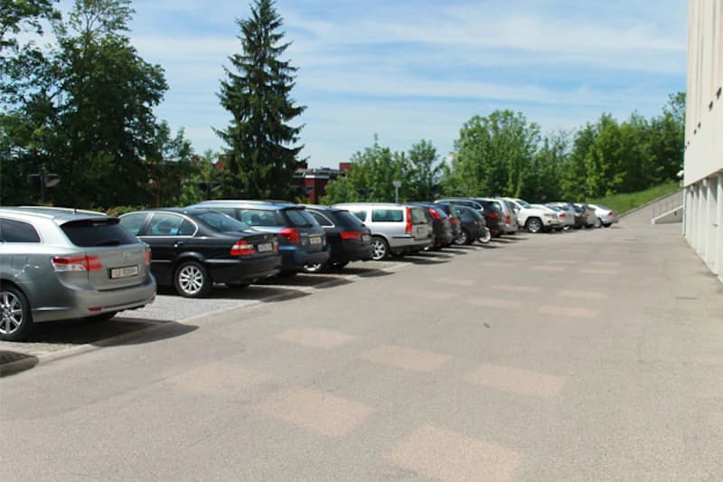 Geparkte Autos in einer Reihe auf einem Außenparkplatz neben einem Gebäude, Bäume im Hintergrund.