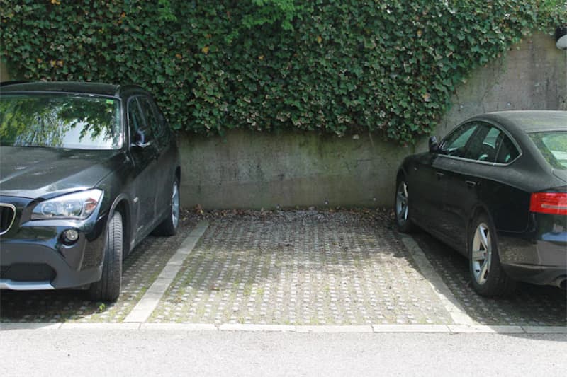 Leerstehender Parkplatz zwischen zwei schwarzen Autos vor efeubewachsener Betonmauer.
