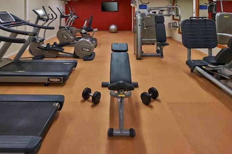 Innenraum eines Fitnessraums mit Hantelbank, Kurzhanteln, Laufbändern, Crosstrainern und Kraftgeräten.
