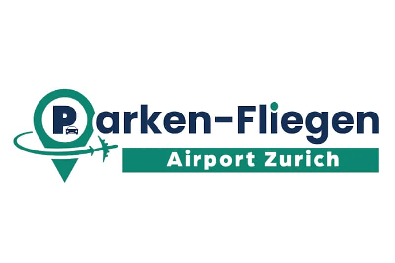 Logo mit Standortpin, P und Auto, umlaufendem Flugzeugsymbol und Schriftzug Parken-Fliegen Airport Zurich.